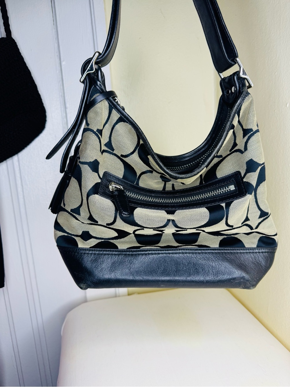 Coach Black and Beige Signature Canvas Shoulder Bag with Tassel - Picture 5 of 13